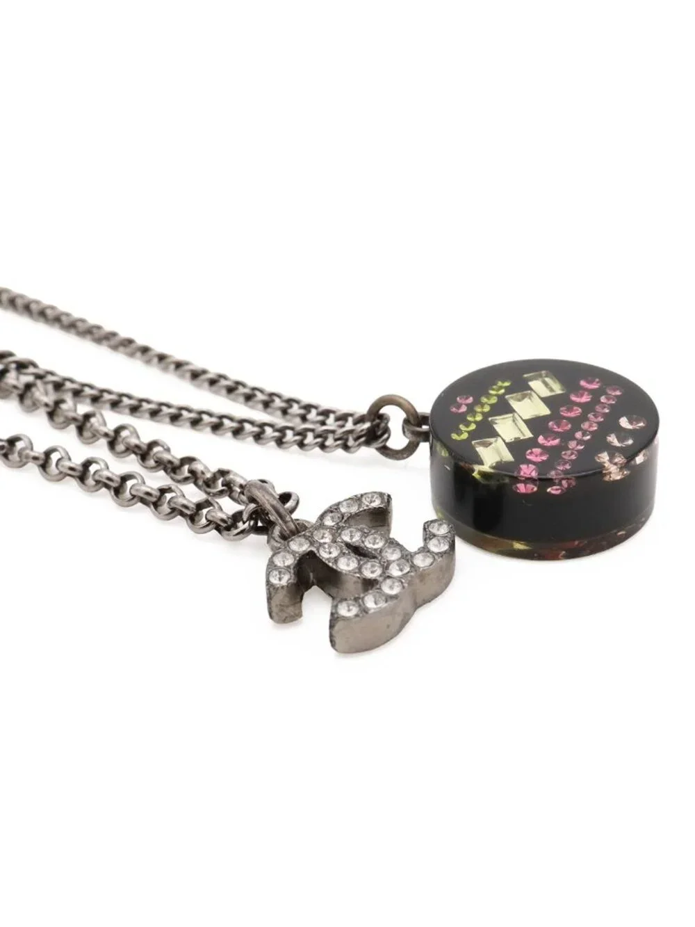Chanel CC Logo Round Motif Double Chain Pendant Metal Rhinestone Black